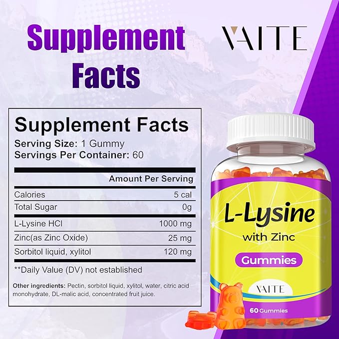 L Lysine Gummies 1000mg with Zinc - Supports Skin, Lip, Vegan, Gluten Free, 60 Chewable L-Lysine for Adults, Vitamins Tissue Health & Immune System, Amino Acid & Complex Supplements, Non-GMO