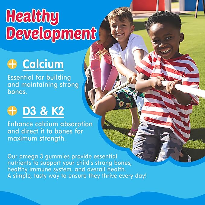 Kids Omega 3 Gummies with Calcium, Vitamin D3 & K2, C, Omega-3 DHA Gummies for Focus and Memory, Bone Health & Immune Support, Kids Omega3 Supplement - No Fish Taste, Non-GMO, Chewable, 60 Counts