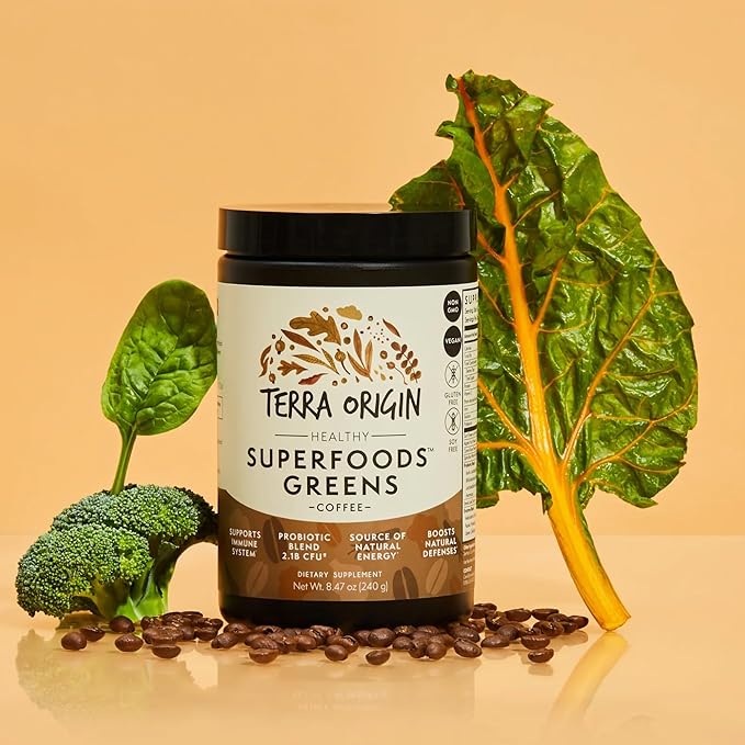 TERRA ORIGIN Superfoods Greens Immune Defense and Digestive Support | Probiotics, Organic Vegetables, Digestive Enzymes | Non-GMO, Gluten-Free, Dairy Free, Vegan | 30 Servings | Coffee Flavor