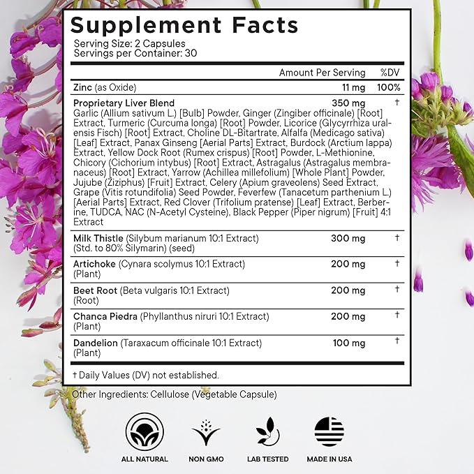 Milk Thistle NAC Chanca Piedra Beet Root Artichoke Dandelion Root - Liver Supplement Plus Astragalus TUDCA Choline & Ginger- 180 Count
