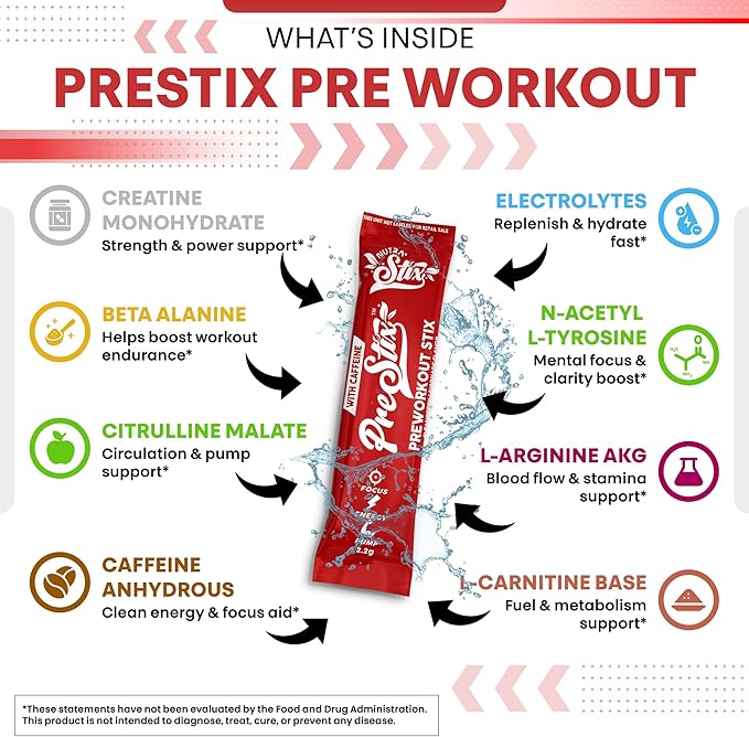 Clean Nutra Pre Workout Powder – Creatine Monohydrate, Caffeine, Citrulline Malate, Beta Alanine, L Carnitine, Taurine, Tyrosine, Electrolytes, Focus, Pump, Energy – 20 Powder Stix