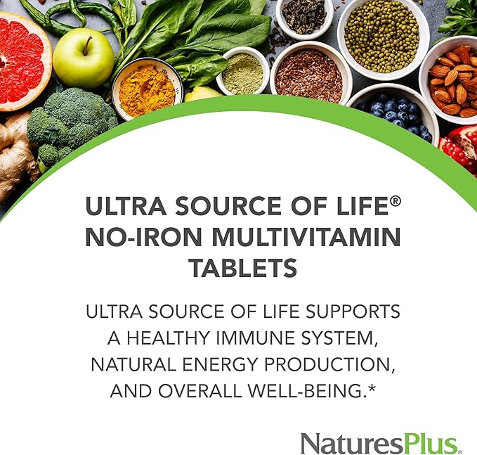 Natures Plus Ultra Source of Life No-Iron Multivitamin - 90 Tablets - Supports Immune Health, Energy & Overall Well-Being - with Lutein & Vitamin D3 - Vegetarian & Gluten Free - 30 Servings