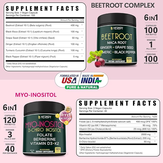 Bundle 6in1 Beet Root Supplements 100 Count & 6in1 Myo-inositol & D-Chiro Inositol Supplement for Women 120 Count - for Immune, Heart Health & Overall Health
