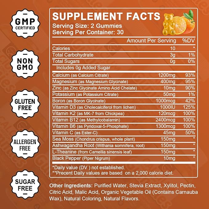 1200mg Calcium Gummies with Vitamin D3,K2,B12 & B6 - Plant Complex Calcium Magnesium Supplement with Glycinate,Potassium,Sea Moss,Ashwagandha Root for Bone & Teeth Strength, Muscle & Immune-2 Pack