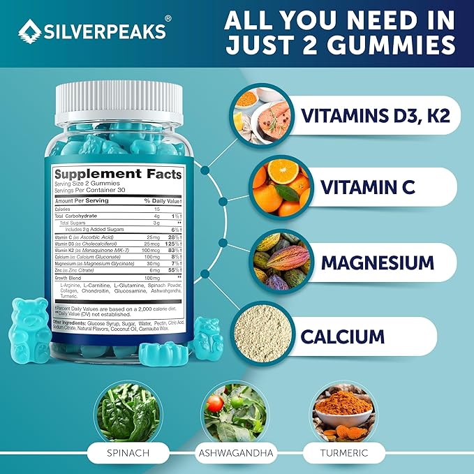 Calcium Magnesium Gummies – Bone & Immune Support for Women & Men with Vitamin D3, K2, Zinc & Collagen – Natural Chewable Multi-Vitamin Supplement for Strong Bones & Overall Wellness – 60 Chews