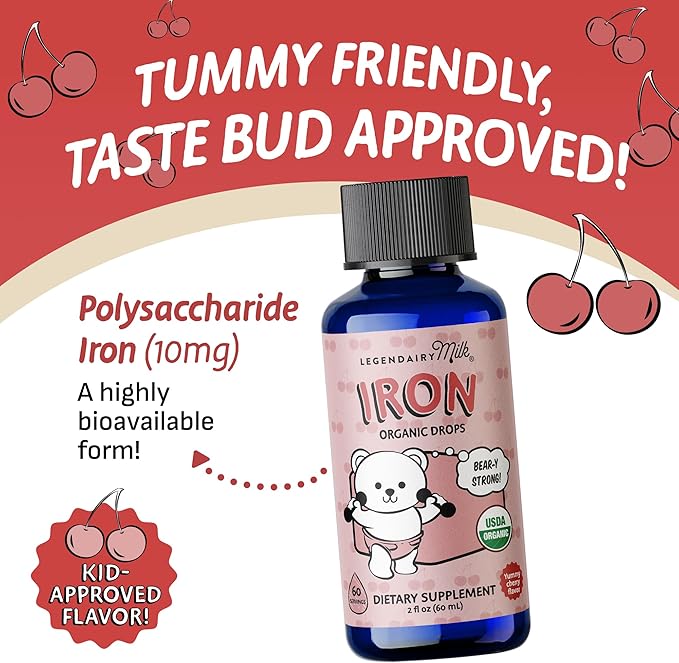 Legendairy Milk Organic Liquid Iron Supplements for Kids - Sugar Free Liquid Iron for Kids - for Ages 4 Months to 3 Years - Cherry Flavor, 60 Servings