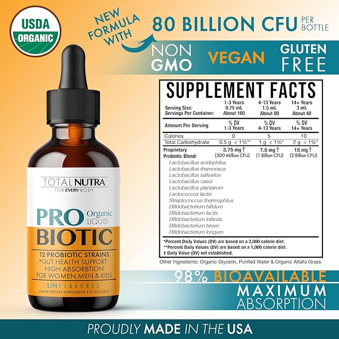 Liquid Probiotic for Women, Men, Kids, Toddler Probiotic: USDA Organic Vegan Probiotic Liquid & Alfalfa Blend + Acidophilus for Gut Health, Dairy Gluten Sugar Free, Non-GMO Oral Probiotics (4 Pack)