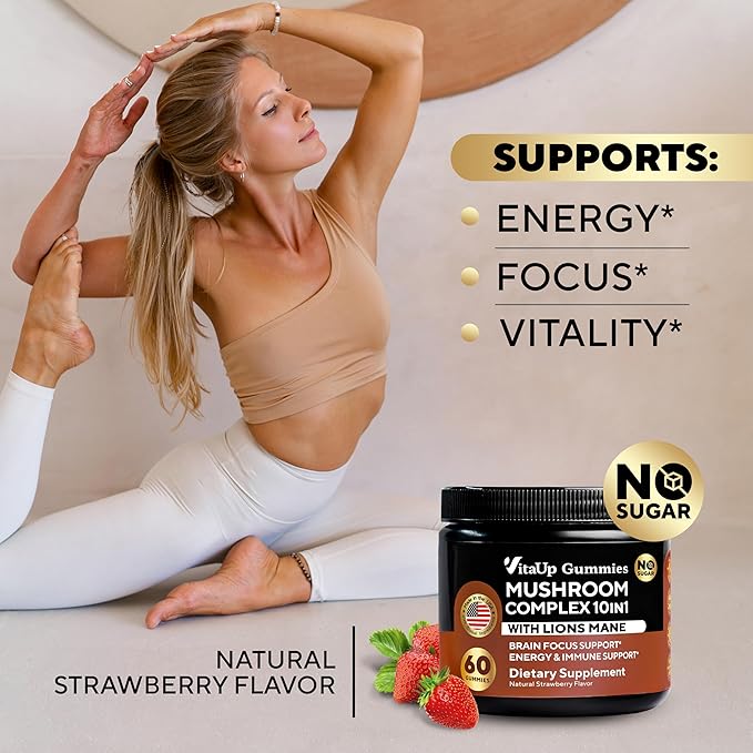 Mushroom Gummies for Adults - USA Made 10 in 1 Mushroom Supplement - Mushroom Complex with Lions Mane, Cordyceps, Turkey Tail, Reishi, Shiitake for Cognitive & Immune Support - 60 Count