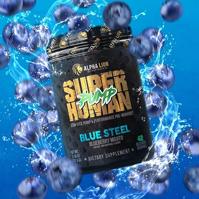 ALPHA LION Superhuman Pump Pre Workout Powder, Nootropic Caffeine & Stim Free Preworkout Supplement, Nitric Oxide Booster, Muscle Gainer, Energy & Focus (42 Servings, Blueberry Steel Flavor)