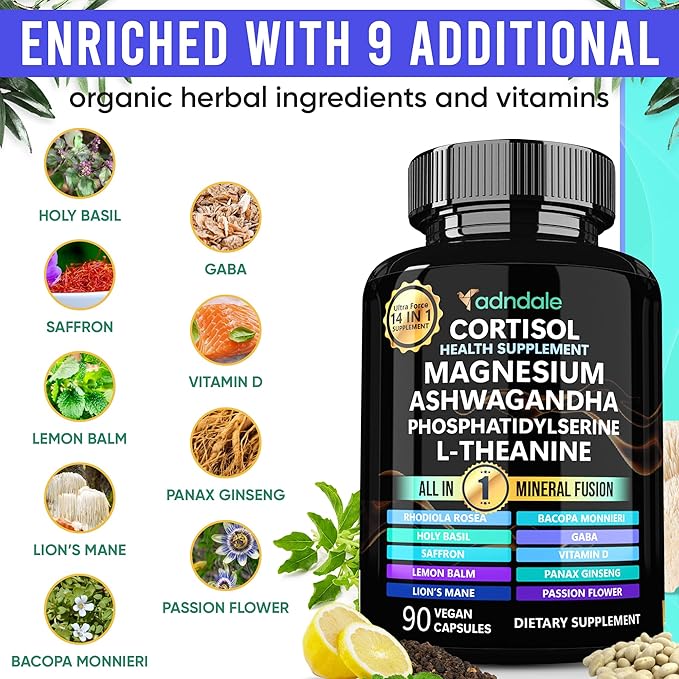 Cortisol Supplements for Women. Cortisol Manager 14-in-1 Formula with Ashwagandha, Magnesium Glycinate, L-Theanine & More. Support Stress Management & Stamina. 90 Capsules.