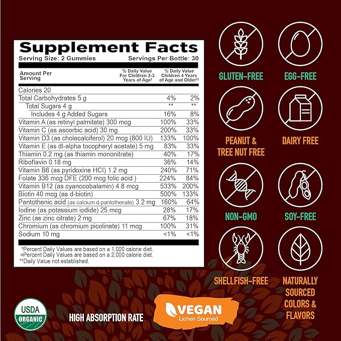YUM-V'S Strong Earth Organic Multivitamin Gummies, Vitamins & Minerals Including Vitamin A, C, D3, E, B6 & Zinc - Chewable Vitamin with Immune Support for Boys and Girls, 60 Count