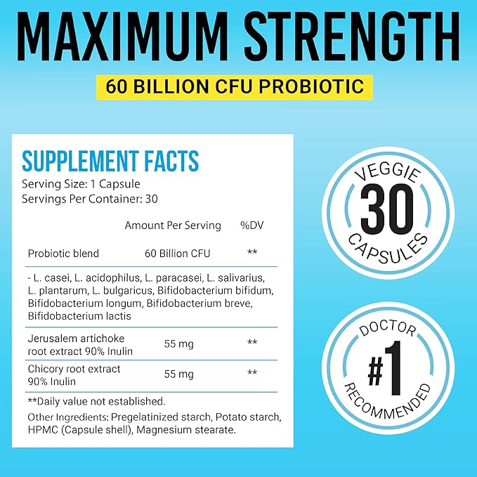 BIGJOHNLAB® - Probiotics 30capsules 1month Supply Women & Men 60 Billion CFU 10 Strains + Organic Prebiotics Immune, Digestive Gut Health Supports Occasional Constipation, Diarrhea, Gas & Bloating