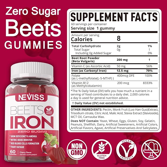 Beet Root Gummies with Iron, Methyl B12, Folate, Vitamin C, Increase Nitric Oxide & Iron Levels, Energy Support, Fight Fatigue, Beetroot & Gentle Iron Supplement for Women Men, Sugar Free, 120 Counts