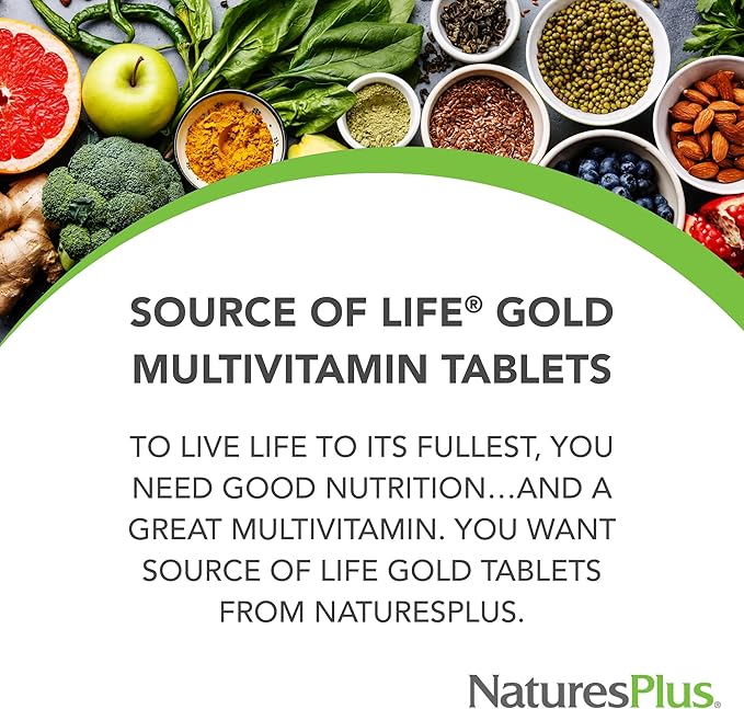NaturesPlus Source of Life Gold Multivitamin - 180 Tablets - Blood Support, Bone Support, Healthy Immune System - Includes Vitamins D3, B12, K2 & Over 120 Whole Food Nutrients - 60 Servings