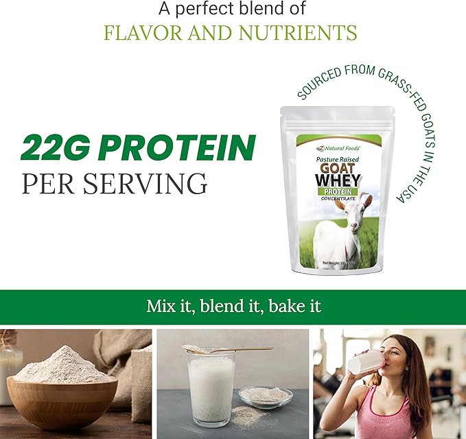 Z Natural Foods Goat Whey Protein Powder Concentrate - Undenatured, Unflavored, Pasture Raised Whey - Clean Goat Protein Powder with Vital Proteins for Weight Management, Immune Support, Fitness, 1 lb