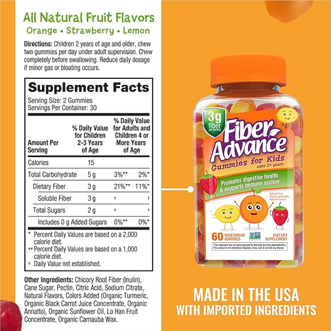 Fiber Advance Gummies | 100% Plant Based Fiber Supplement for Digestive Health | Chicory Root Inulin Prebiotic Gummies | Gluten Free, Vegetarian, & Non-GMO (Kids 3-Pack)