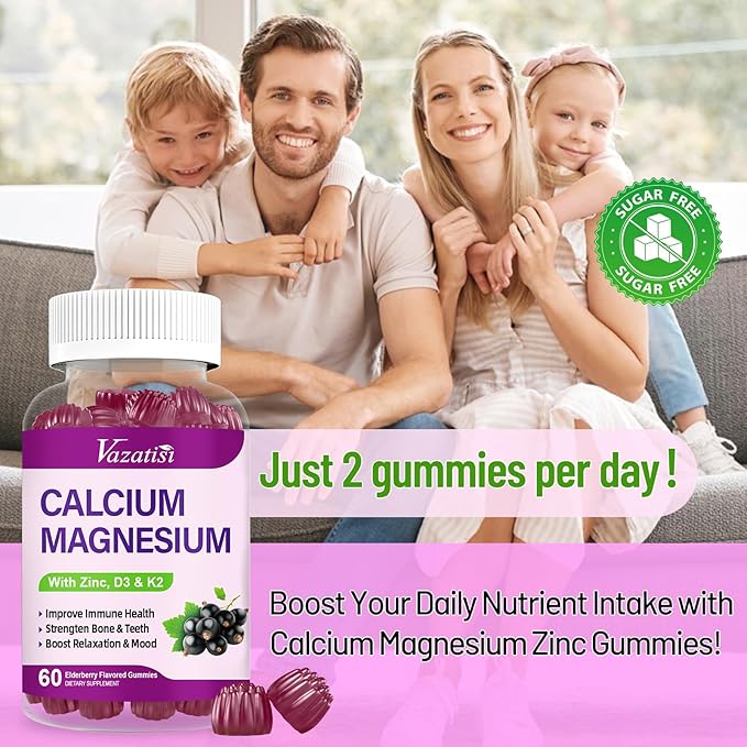 Calcium Magnesium Zinc Gummies with Vitamin D3 and K2, High Absorption Magnesium Glycinate Potassium for Immune and Muscles, Vegan Elderberry Flavor 120 Gummies