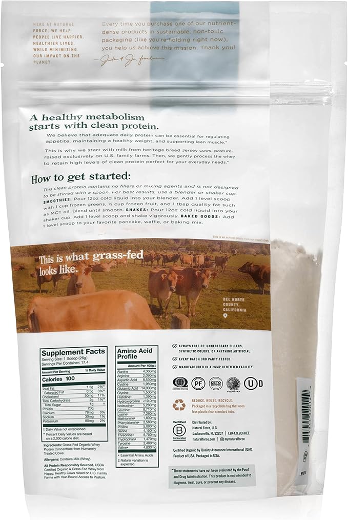 Natural Force Grass Fed Organic Whey Protein Powder - Non GMO, Keto Friendly, Low Carb, Kosher - Lab Tested for Toxins - Pure & Unflavored - 16 oz.