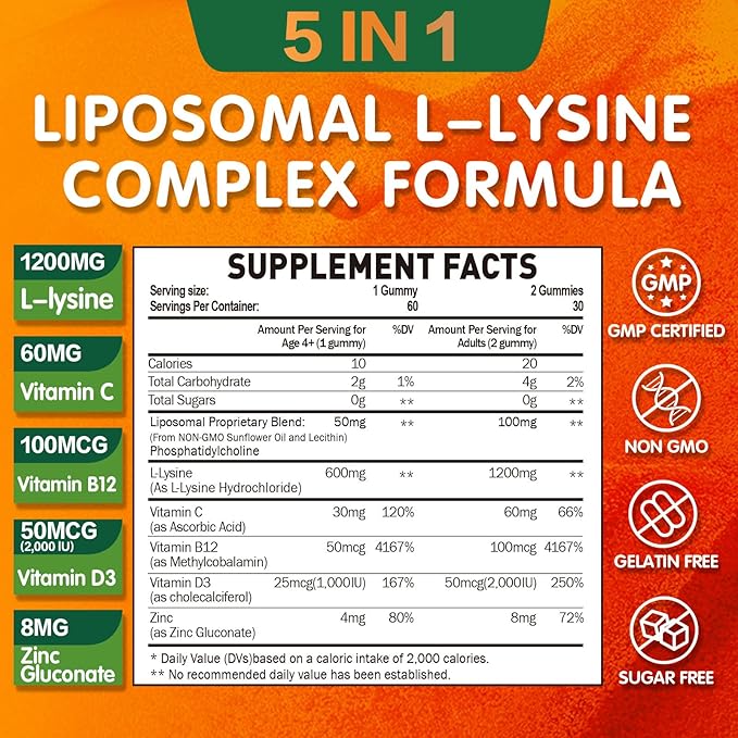 Liposomal L-lysine Gummies 1200mg, Lysine Chewable Supplement with Vitamin C, D3, B12 & Zinc for Adults & Kids, Immune & Collagen Support, Lips & Skin Health, Vegan, Natural Fruit Flavor, 60CT