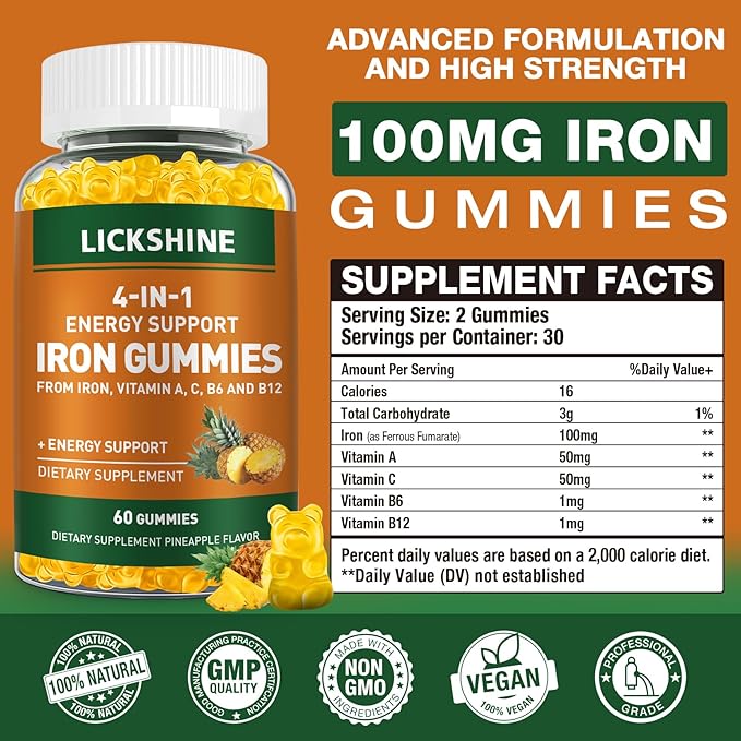 2 Pack Vegan 100MG Iron Supplement Gummies for Women & Men - with Vitamin C, A, B for Adults & Kids - Energy Support for Iron Deficiency, Anemia - Peach Flavor (120 Ct)