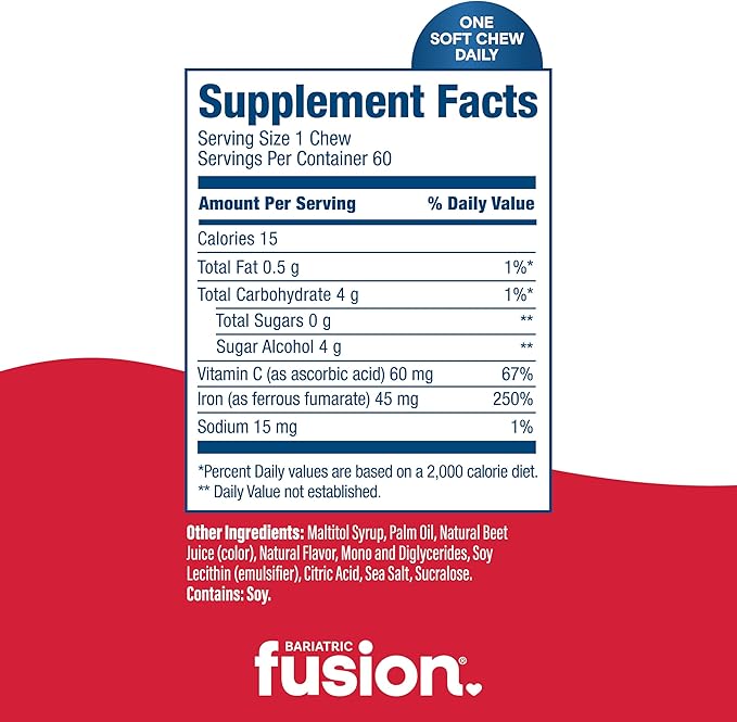 Bariatric Fusion Iron Supplement for Women Anemia | Chewable Iron with Vitamin C | Cherry Flavored Soft Chew | Gentle on Stomach Ferrous Fumarate for Women and Men | Gluten Free | 60 Count
