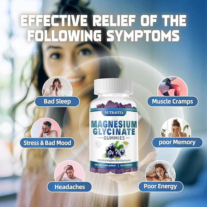 Magnesium Glycinate Gummies 1000mg with Magnesium L-Threonate,Chelated Magnesium Potassium Complex Supplement with VitD, B6, CoQ10, Calcium,Supports for Memory, Calm, Mood - 180 Gummies Blueberry