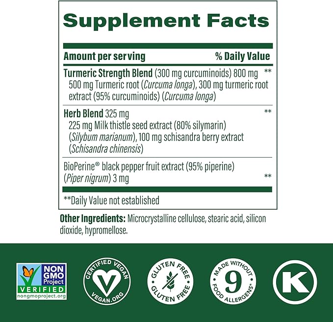 MegaFood Turmeric Curcumin Extra Strength - Liver Support - Turmeric Curcumin with Black Pepper and Milk Thistle Extract - Vegan - Made Without 9 Food Allergens - 60 Tabs (30 Servings)