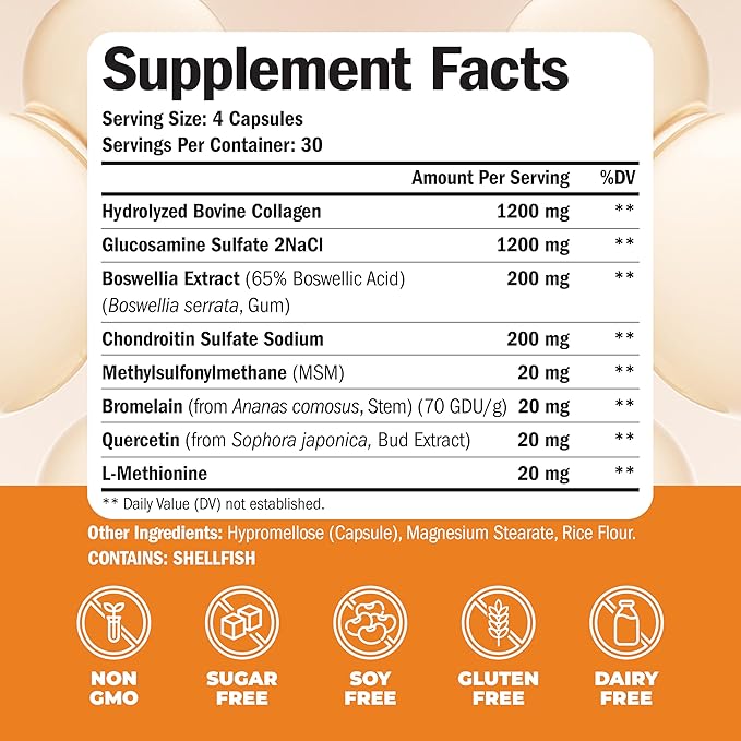 Glucosamine Chondroitin MSM with Collagen Powder. Joint Support Supplement. Bromelain, Quercetin, L-Methionine & Boswellia Extract capsules. Hair Skin and Nails Vitamins. FSA eligible. 120 caps