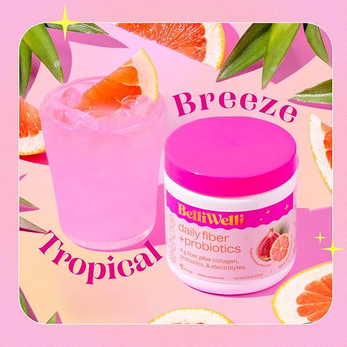 BelliWelli Fiber Supplement for Women & Men – Premium Daily Fiber Powder from Organic Acacia with Added Collagen, Electrolytes & Probiotics – No Bloat, Constipation & Gut Health Support (Tropical)