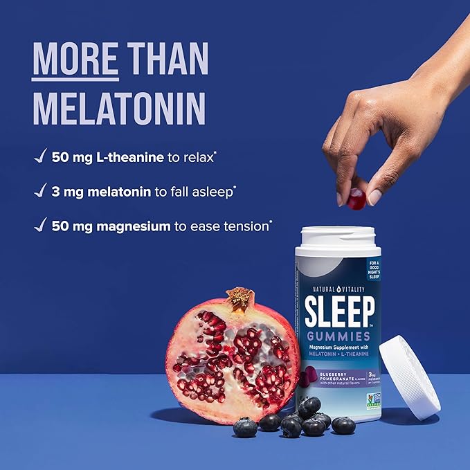 Natural Vitality CALM Sleep Gummies Magnesium Supplement, Melatonin & Magnesium Citrate, Sleep Aid Gummies, L-Theanine, Gluten Free, Helps the Body Ease into Sleep, Blueberry Pomegranate 60 Count