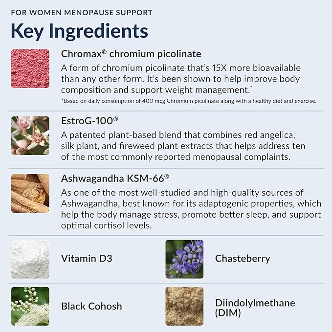 Stonehenge Health for Women Menopause Support for Peri + Menopause + Post - Mood, Energy, Stress, Hot Flashes, Night Sweats, Sleep & Cortisol, Chromax Chromium, Vitamin D3, KSM-66 Ashwagandha Extract