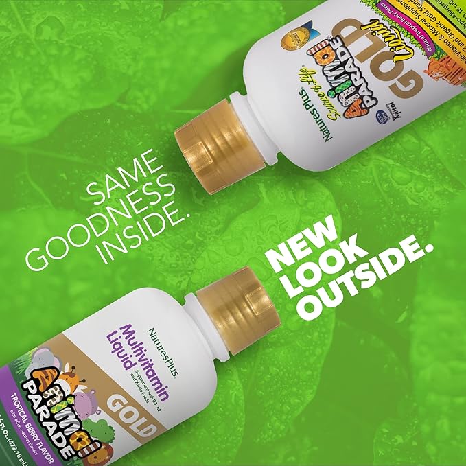 Natures Plus Animal Parade Gold Children's Liquid Multivitamin, 16 fl oz - Natural Tropical Berry Flavor - Immune Support Supplement - Gluten Free, Vegan - 32 Servings