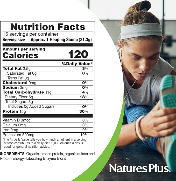 Natures Plus Almond Protein Powder - 1.04 lbs, Unflavored - USDA Certified Organic, Non-GMO Vegan Protein Powder, No Added Sugar, Promotes Muscle Recovery - Vegetarian, Gluten-Free - 15 Servings