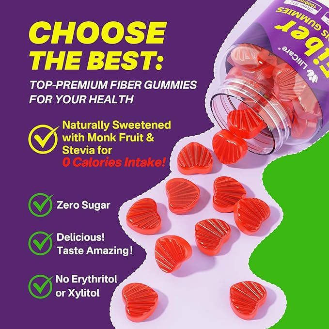 Fiber Gummies for Adults - Sugar Free Probiotics Fiber Supplement Vitamin B12 1000 mcg Vitamin D3 5000 iu/w Green Tea, Organic Whole Food For Fulfill, Metabolism, Gut & Digestive Health-Vegan, 1 Pack