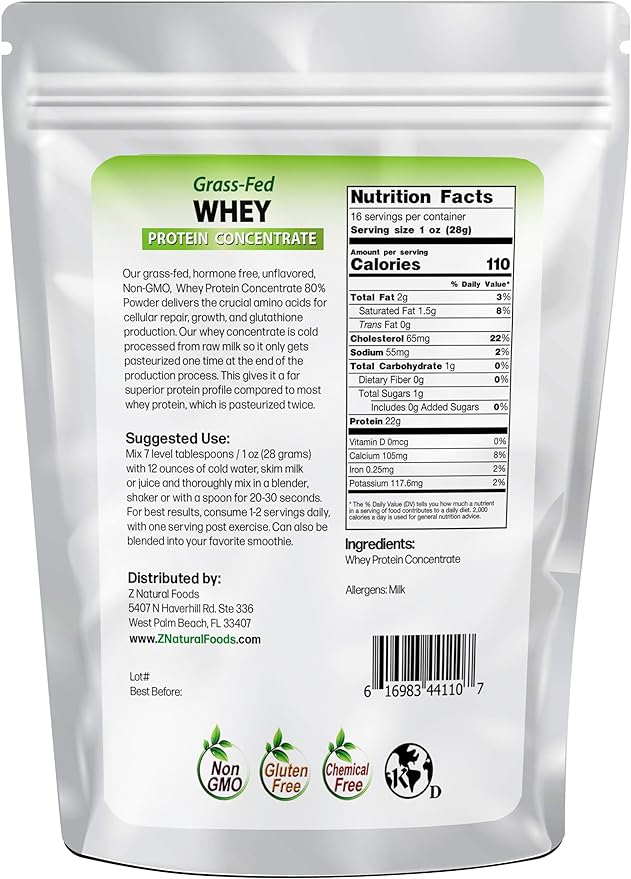 Z Natural Foods Whey Protein Concentrate - Clean Grass-Fed Whey Protein Powder from New Zealand - Cold Processed Pure Whey Protein with Essential Amino Acids for Nutrition & Fitness, Unflavored, 1 lb