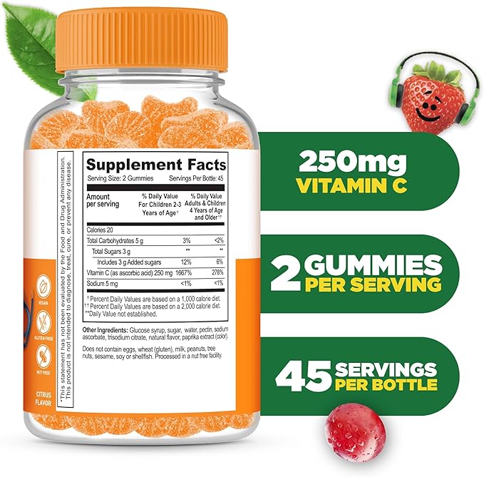 Lifeable Kids Vitamin C Gummies | 250mg | Great Tasting VIT C | Vegan GMO-Free Vitamin C Chewable | for Immune Support | 90 Gummies