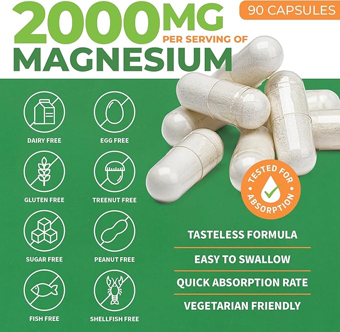 Forest Leaf Magnesium L-Threonate Magtein Capsules - 2000mg Magnesium Threonate Supplement Supports Cognitive Function, Focus, Brain, Deep Calm and Sleep for Men & Women | 90 Powder Veg Caps