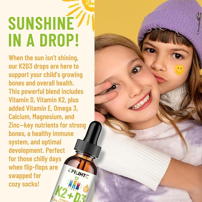 Vitamin D3 K2 Drops for Kids - Omega 3, Vitamin E, Calcium, Magnesium & Zinc for Better Absorption - Liquid MK7 1000 IU D3 for Healthy Bones, Teeth & Heart Support - Non-GMO, 2 Fl Oz