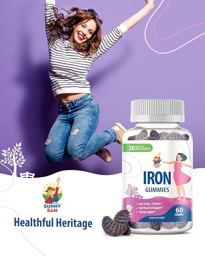 SUNNY SAM Iron Gummies for Kids & Adults - Iron Vitamins with Vitamin C, 10mg per Serving - Chewable Fruit Gummy for Immune Support Red Blood Cell Production