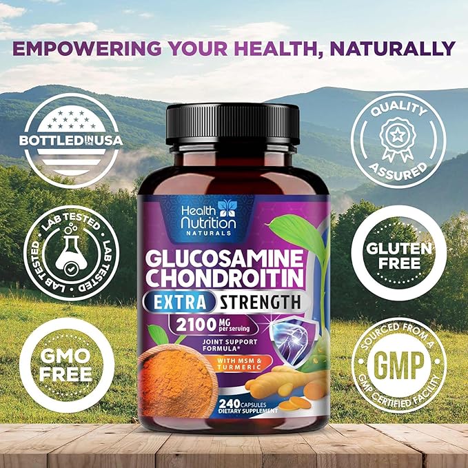 Glucosamine Chondroitin MSM Complex - 2100mg Joint Support Supplement with Turmeric & Boswellia - Quercetin for Joints, Bones, Knees & Mobility - Triple Strength Glucosamine Sulfate - 240 Capsules