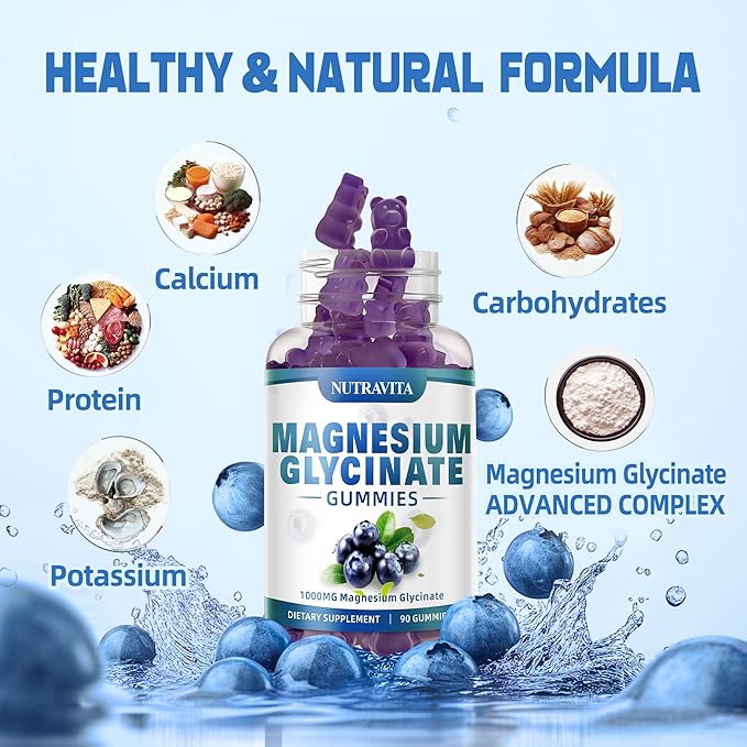 Magnesium Glycinate Gummies 1000mg with Magnesium L-Threonate,Chelated Magnesium Potassium Complex Supplement with VitD, B6, CoQ10, Calcium,Supports for Memory, Calm, Mood - 180 Gummies Blueberry