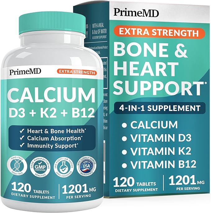 4-in-1 Calcium 1200mg with Vitamin D3 - Calcium Supplement for Women and Men with Vitamin K2 B12 5000 IU - Extra Strength Calcium Citrate for Bone and Heart Support (120ct)