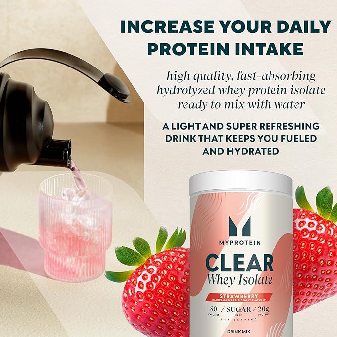 Myprotein Clear Whey Isolate Protein Powder, 1.1 Lb (20 Servings) Strawberry, 20g Protein per Serving, Naturally Flavored Drink Mix