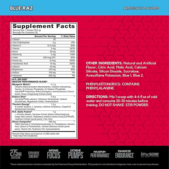 BSN N.O.-XPLODE Pre Workout Powder, Energy Supplement for Men and Women with Creatine and Beta-Alanine, Flavor: Blue Raz, 30 Servings
