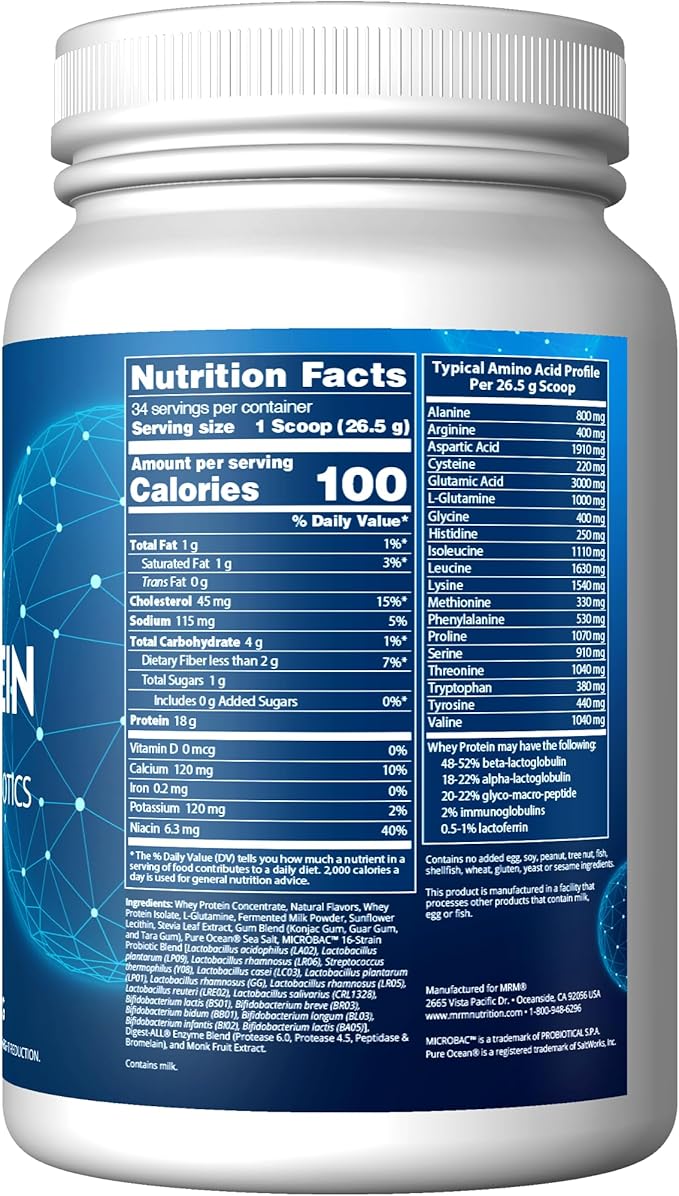 MRM Nutrition Whey Protein | Vanilla Flavored |18g Protein | with 2 Billion probiotics + Digestive enzymes + BCAAs | High Absorption + Digestion | Hormone + antibiotic Free | 33 Servings