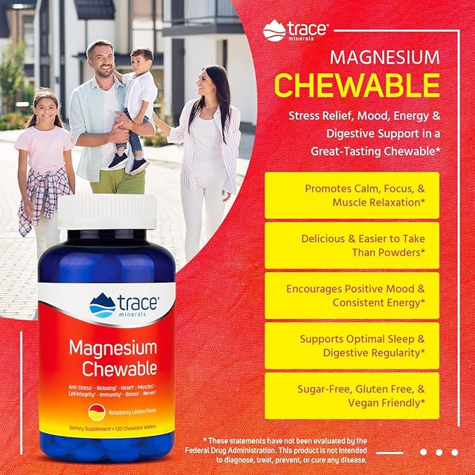 Trace Minerals | Magnesium Chewable Supplement for Adults and Kids | from Magnesium Glycinate and Citrate | Sugar Free | Raspberry Lemon | 120 ct, 30 Servings