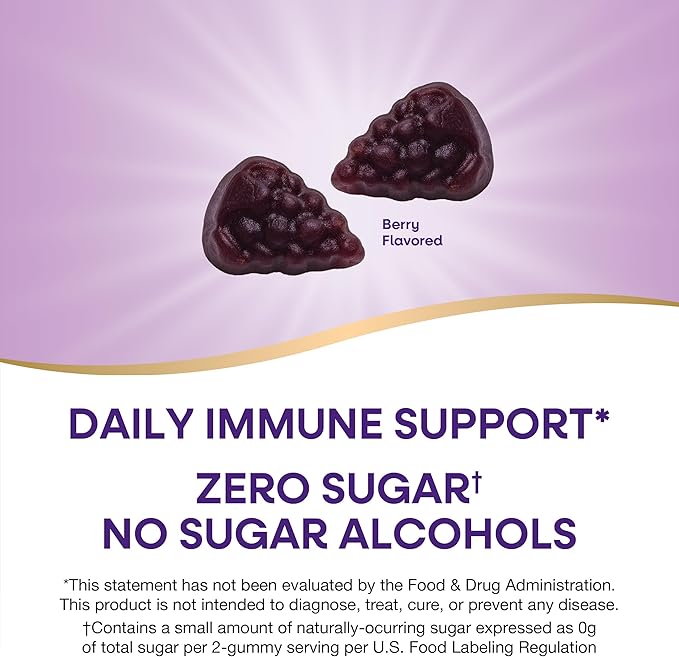 Nature's Way Sambucus Zero Sugar Immune Gummies, Daily Immune Support*, Black Elderberry Extract, Vitamin C, Vitamin D3, Zinc, Sugar Free, Sugar Alcohol Free, Plant-Based Sweeteners, 70 Gummies