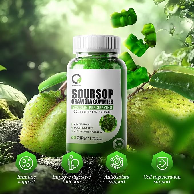 Soursop Graviola Gummies, Organic Soursop Leaves and Seeds Extract with Vitamin C, Zinc, Digestive Aid, Immune Support and Antioxidant Properties,Gluten Free, Vegan, 60 Gummies