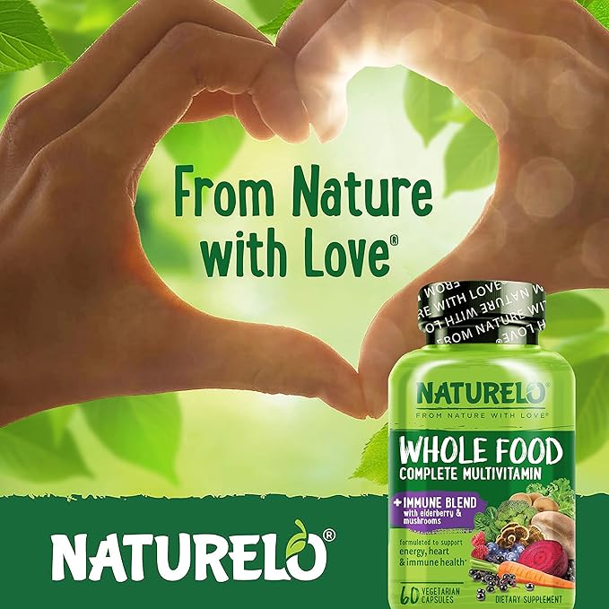 NATURELO Whole Food Multivitamin + Immune Blend with Elderberry & Mushrooms - Complete Multivitamin with Extra Immune Support - C, D3, Zinc, Elderberry, Reishi, Shitake - 60 Vegan Capsules (Pack of 2)