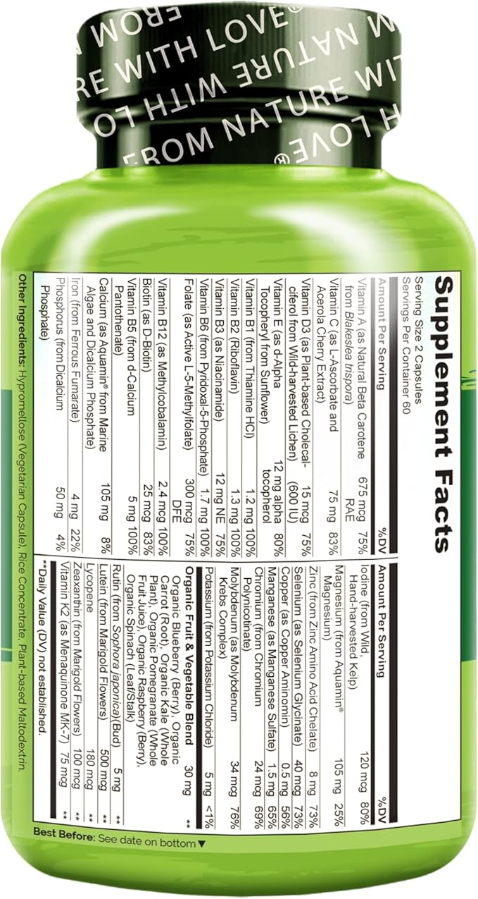 NATURELO Whole Food Multivitamin for Teens - Vitamins and Minerals for Teenage Boys and Girls - Supplement for Active Kids - with Organic Whole Foods - Non-GMO - Vegan & Vegetarian - 120 Capsules